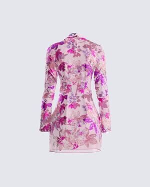 FINESSE Flora Flower Mini Dress Sheer Mesh Floral Sequin Pink Purple Size Large